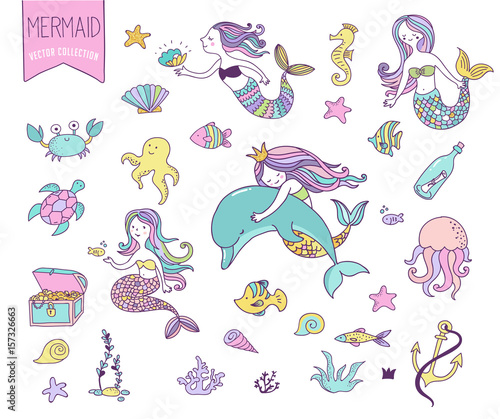 Under the sea - little mermaid, fishes, sea animals and starfish, vector collection