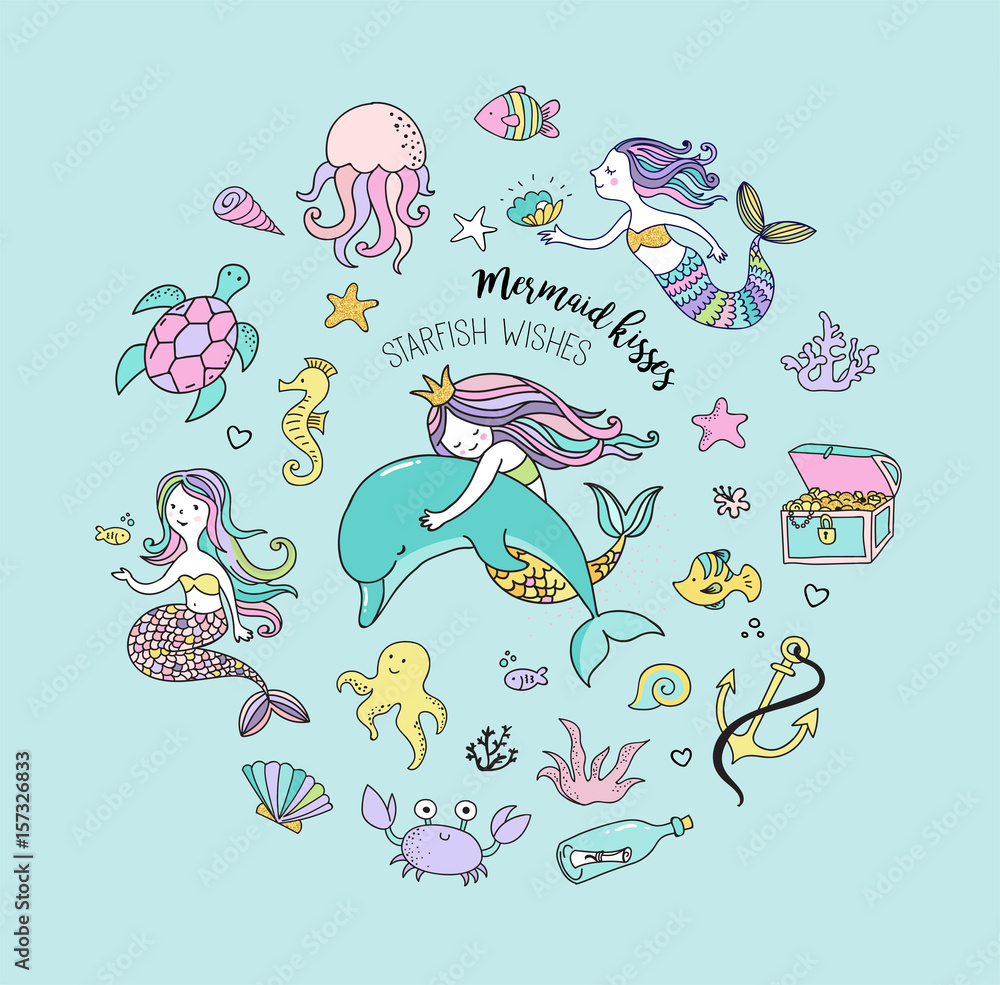 Obraz premium Under the sea - little mermaid, fishes, sea animals and starfish, vector collection