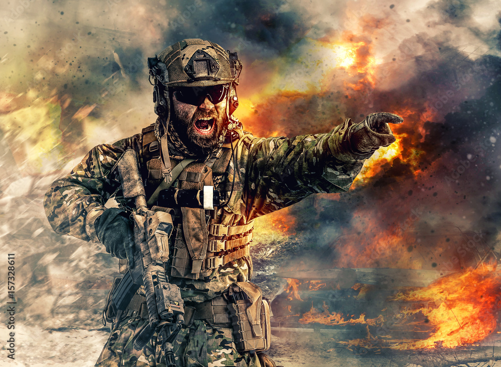 Poster, Foto Bearded soldier of special forces in action pointing target  and giving attack direction - Koop op EuroPosters.nl