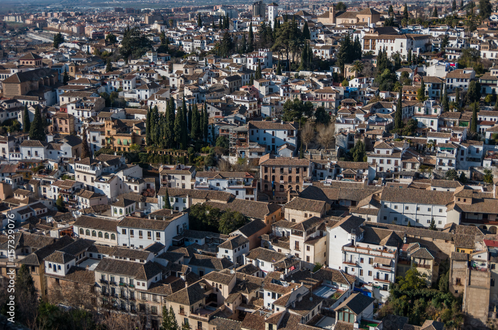 Cityscape. Panorama view of Granada old city from tower of Alhambra Palace. Granada, Spain.