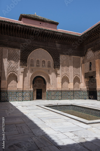 Carving of wood and stone. lInner cortyard of Medersa of Ben Youssef, Marrakech,Morocco