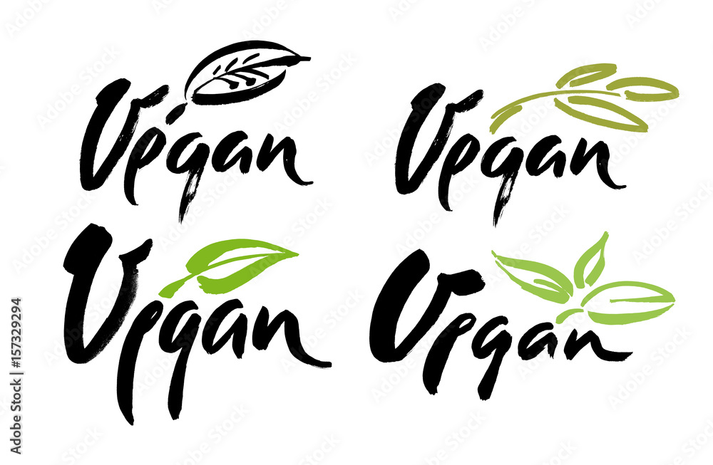 Obraz premium Vegan hand written calligraphy lettering with leaf for cafe menu design. Brush lettering Vector illustration.