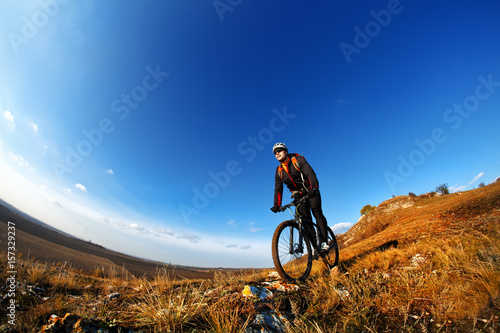 Mountain Bike and blue sky background. photographed on a fisheye lens