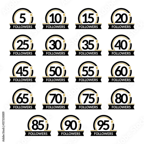 Jubilee for celebration. Number of followers, vector set of signs in a round frame with ribbon. Accurate design in black and gold colors.