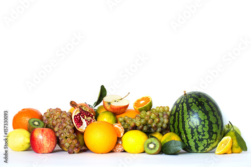 Seasonal fruits and vegetables isolated on white background.