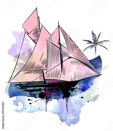 Sailing vessel watercolor vector image