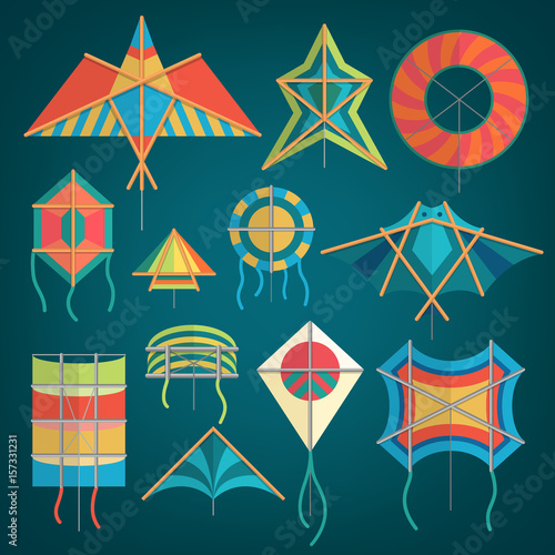 Flying kite snake serpent dragon kids toy colorful silhouette collection isolated outdoor summer activity vector illustration