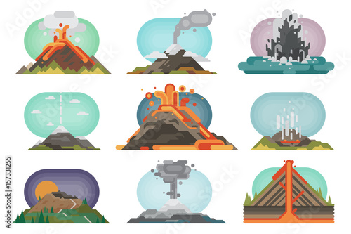 Volcano magma nature blowing up with smoke volcanic eruption lava mountain vector illustration