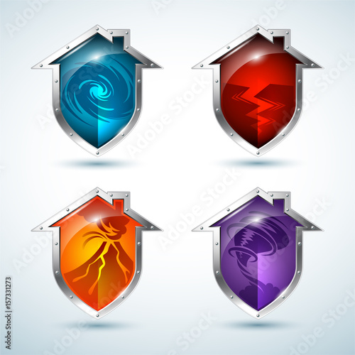 Vector Set of house-shaped shield icons that illustrate natural disasters 