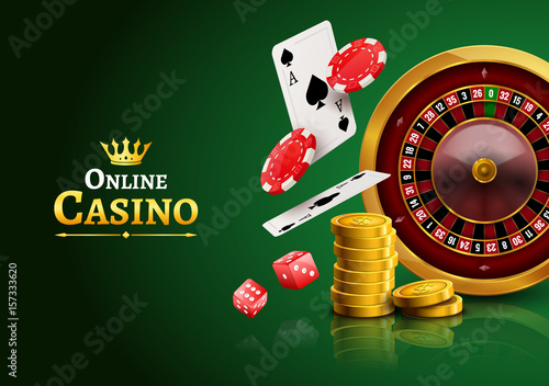 Casino roulette with chips, coins and red dice realistic gambling poster banner. Casino vegas fortune roulette wheel design flyer