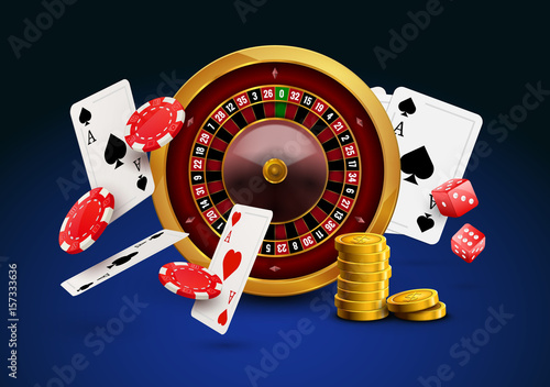 Casino roulette with chips, red dice realistic gambling poster banner. Casino vegas fortune roulette wheel design flyer