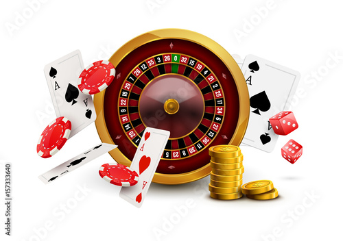 Casino roulette with chips, red dice realistic gambling poster banner. Casino vegas fortune roulette wheel design flyer