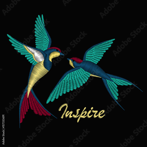 Embroidery with beautiful swallow birds. Embroidery for fashion textile and fabric. Vector design for collar t-shirts and blouses. 