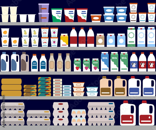 Supermarket shelves with dairy products. Vector background.
