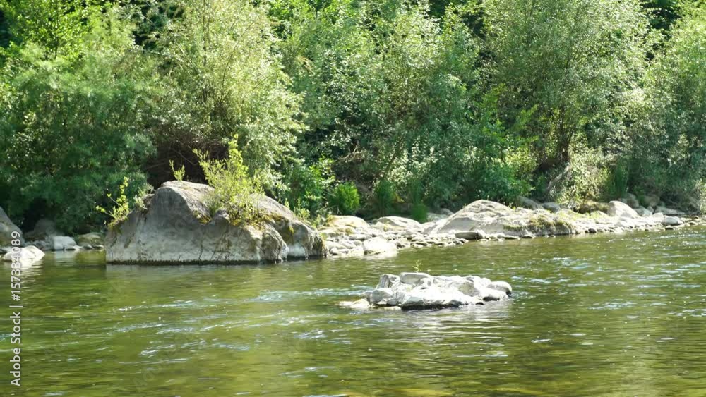 A small river with transparent water and stoned shore, 4K A small river with transparent water and stoned shore, 4K