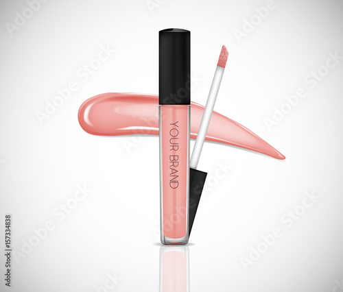 Liquid lipstick, Lip gloss in elegant glass bottle with black lid, closed and open container with brush, isolated . Make up smear.