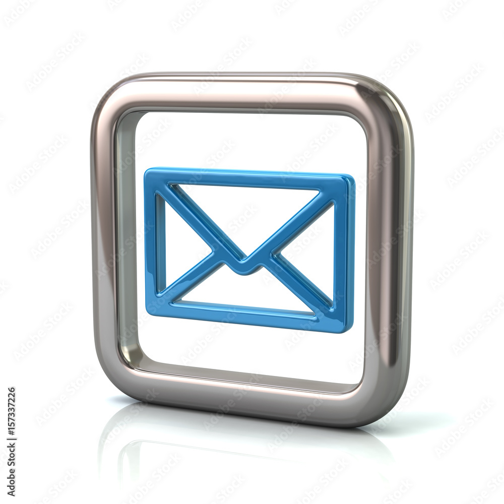 Metallic rounded square frame with blue mail icon Metallic rounded square frame with blue mail icon