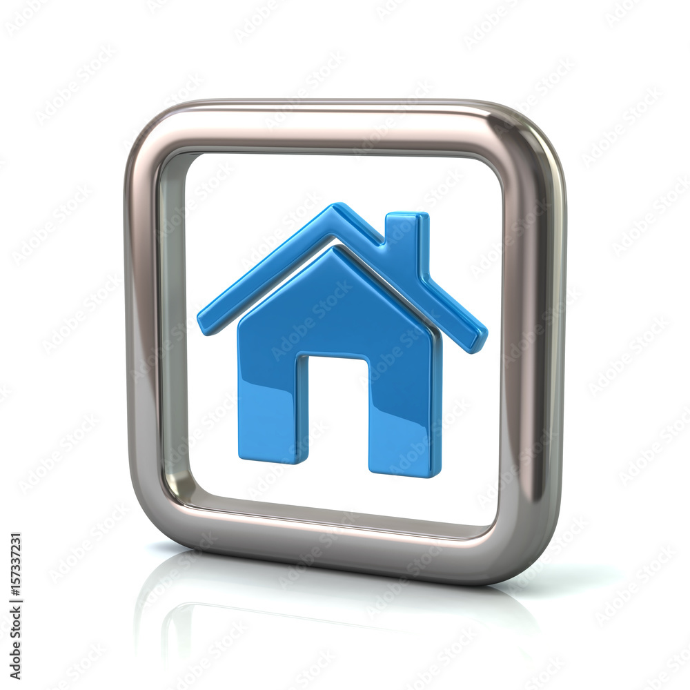 Metallic rounded square frame with blue home icon Metallic rounded square frame with blue home icon