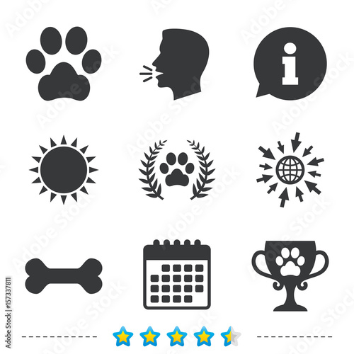 Pets icons. Dog paw sign. Winner laurel wreath.
