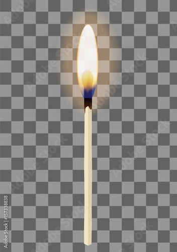 Realistic burning match on transparent checkered background. Vector illustration.