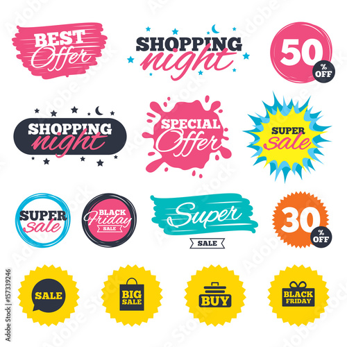 Sale speech bubble icons. Buy cart symbol.