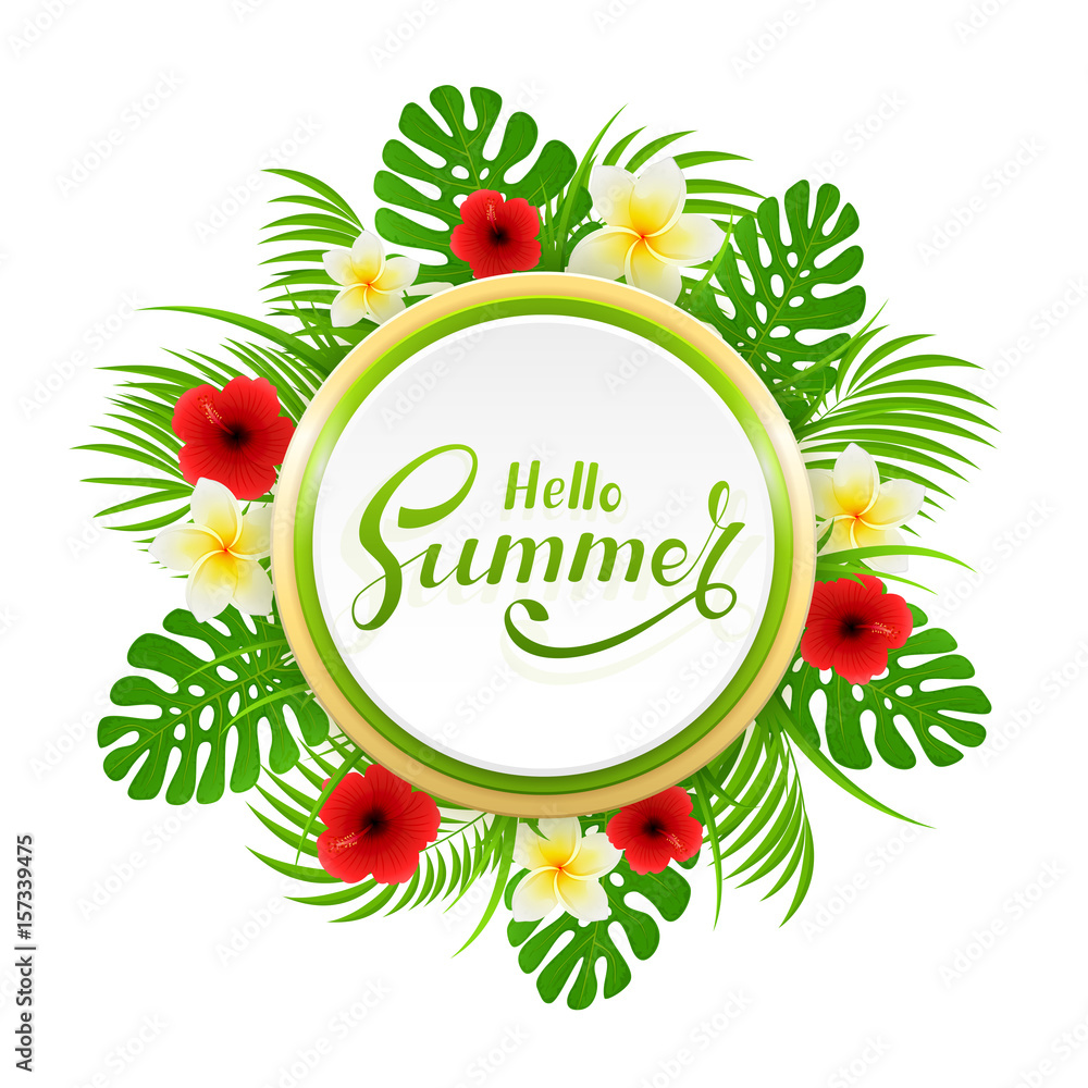 Card with lettering Hello Summer and palm leaves Card with lettering Hello Summer and palm leaves