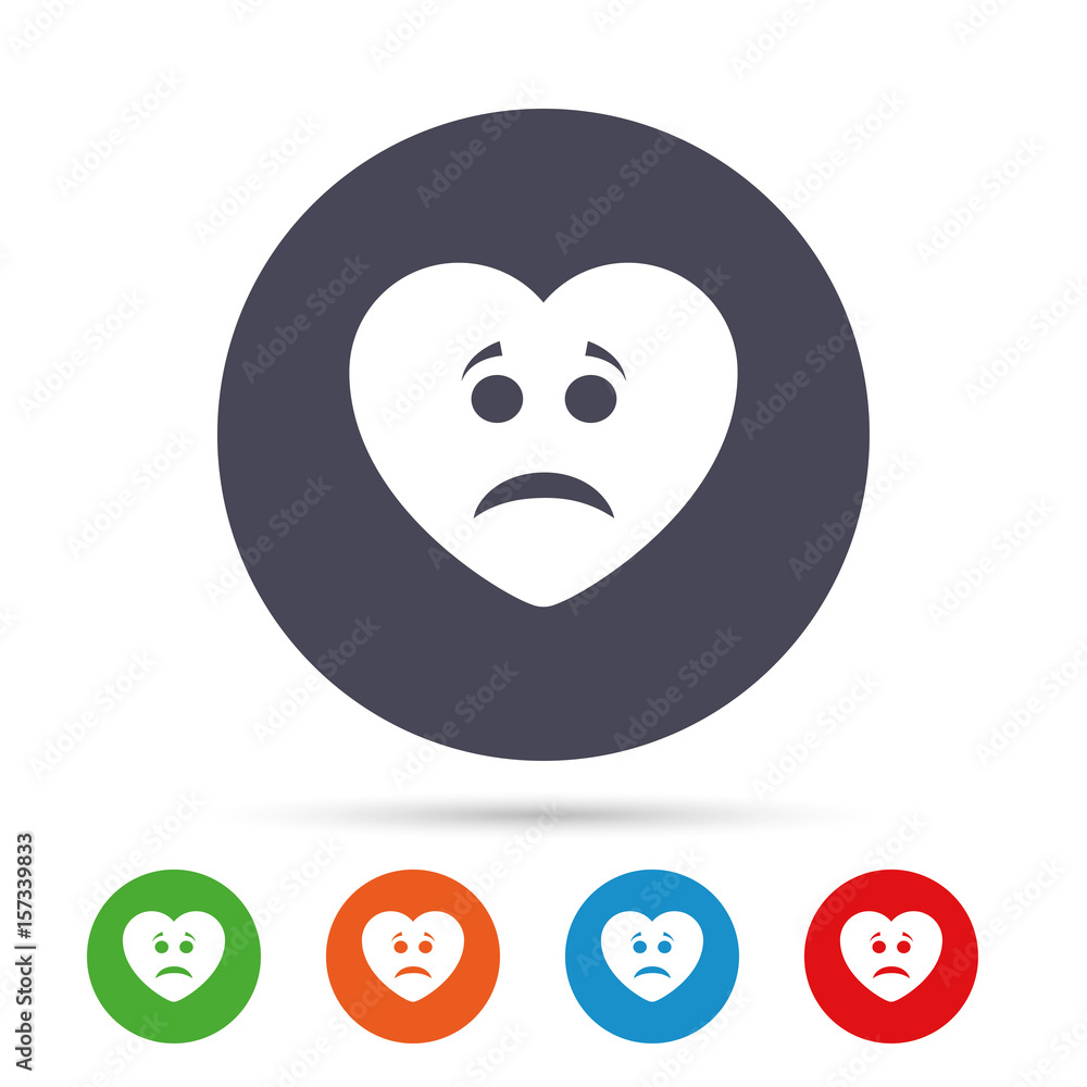 Sad heart face sign icon. Sadness symbol. Sad heart face sign icon. Sadness symbol.