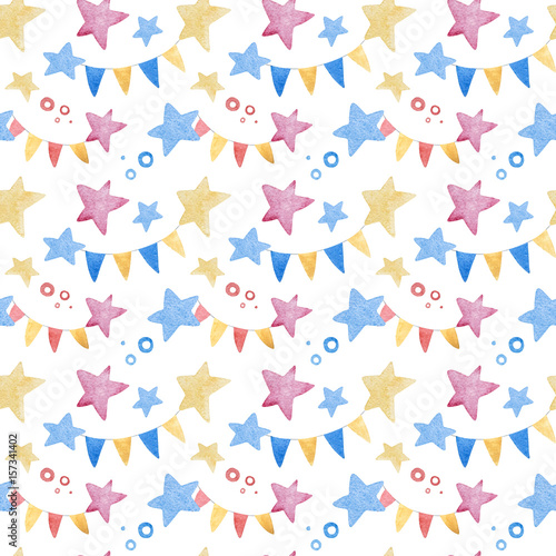 Watercolor illustrations of stars and Checkboxes. Cute seamless pattern.