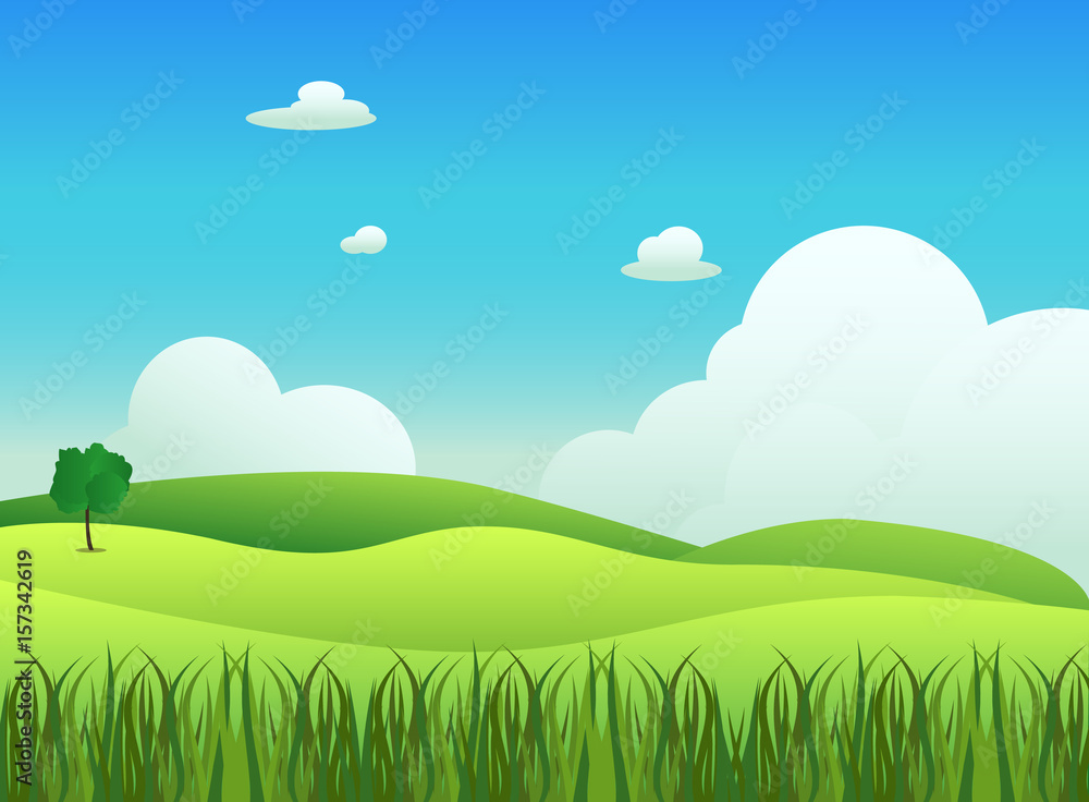 Obraz premium Meadow landscape with grass foreground, vector illustration.Green field and sky blue with white cloud background