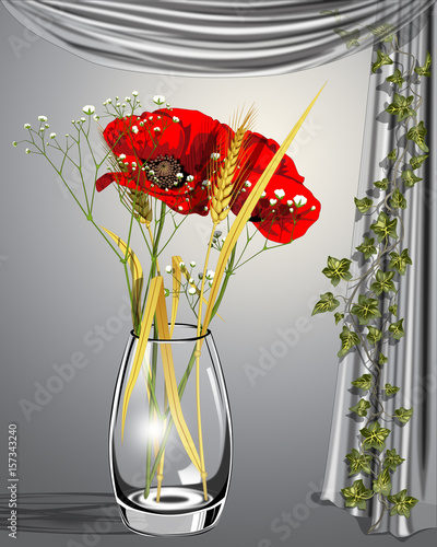 Vaso di papaveri e spighe