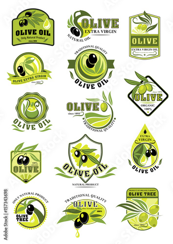 Fototapeta Naklejka Na Ścianę i Meble -  Olive oil product icons isolated vector set