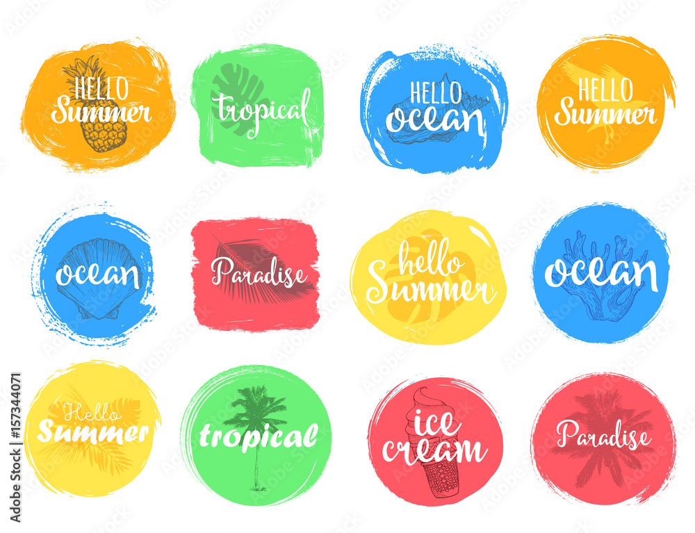 Set of colorful universal use circles, signs, badges, stickers, backgrounds for advertising, text, business, promotion. Summer hand written lettering.