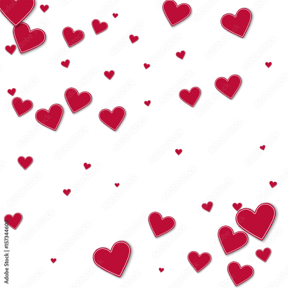 Cutout red paper hearts. Scatter pattern on white background. Vector illustration.