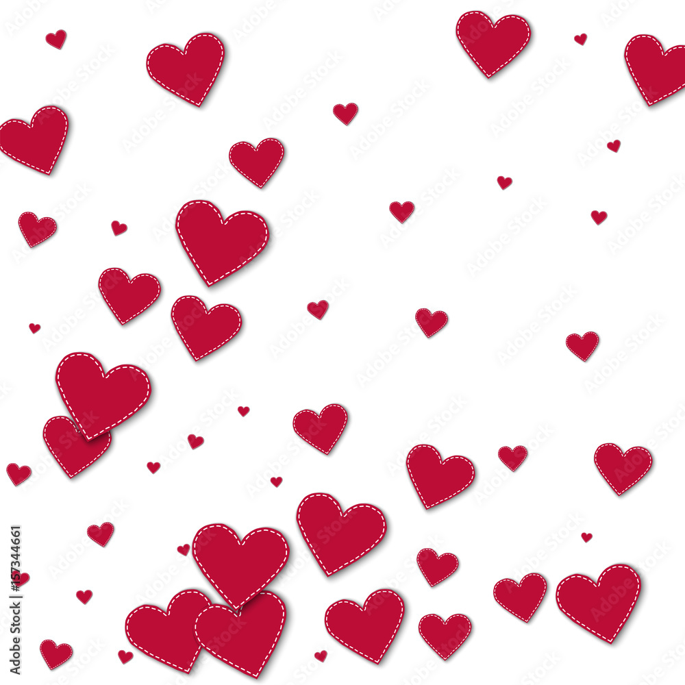 Red stitched paper hearts. Abstract pattern on white background. Vector illustration.