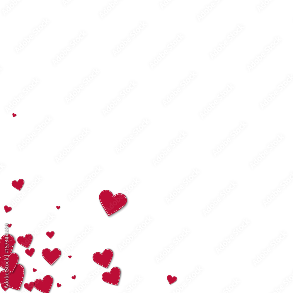 Red stitched paper hearts. Messy bottom left corner on white background. Vector illustration.