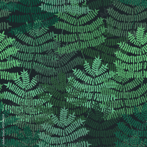 Fern motif nand drawn pattern. Green forest. Seamless pattern. Vector background.