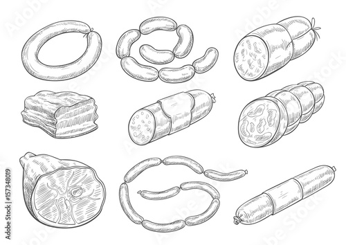 Vector sketch icons of butchery meat products