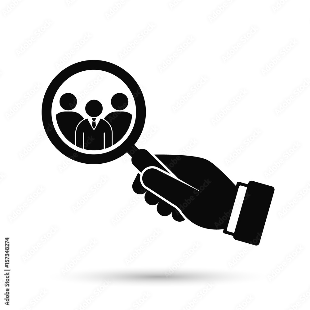 Hand holding magnifying glass for search a man employee or candidate icon. Vector illustration. Hand holding magnifying glass for search a man employee or candidate icon. Vector illustration.
