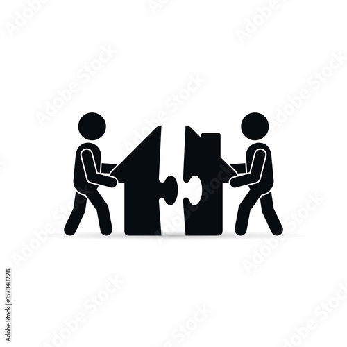 Two men unite puzzle parts of home icon. Vector simple illustration.