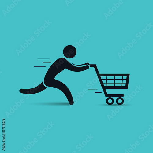 Running man pushing shopping cart icon. Vector shopping illustration.