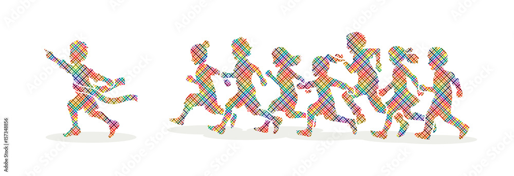 The winner Group of children running marathon, little boy and girl play together, team work , Friendship designed using colorful pixels graphic vector