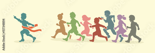 The winner Group of children running marathon, little boy and girl play together, team work , Friendship designed using vintage colors graphic vector