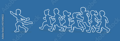 The winner Group of children running marathon, little boy and girl play together, team work , Friendship outline stroke graphic vector