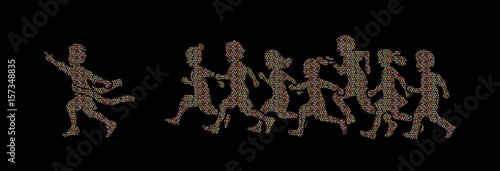 The winner Group of children running marathon, little boy and girl play together, team work , Friendship designed using colorful mosaic pattern graphic vector