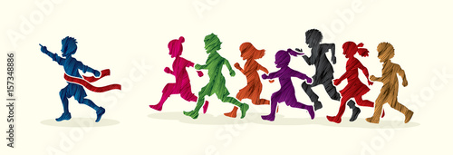 The winner Group of children running marathon, little boy and girl play together, team work , Friendship designed using colorful grunge brush graphic vector