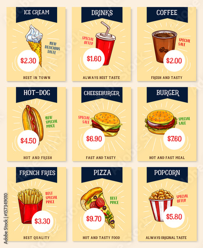 Vector fast food price cards set for restaurant