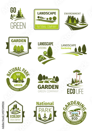 Green landscape and gardening company vector icons