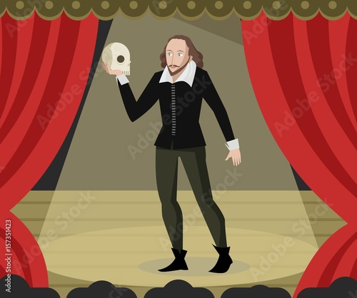 great english writer playwright holding an skull on theater stage