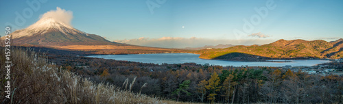 Fuji mountain and Yamanakako lake in autumn season.