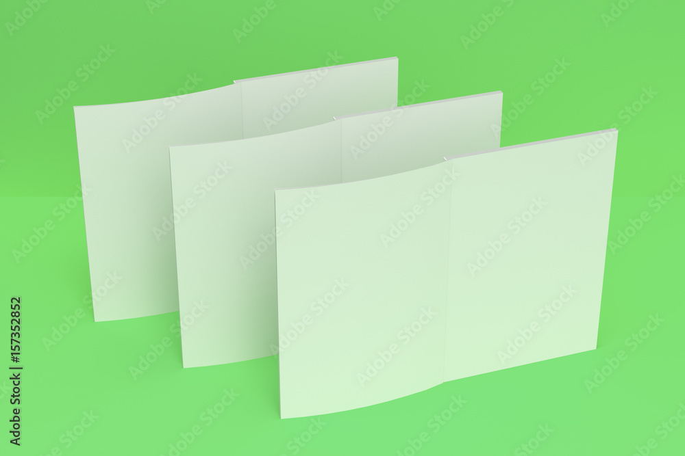 Three blank white open brochure mock-up on green background Three blank white open brochure mock-up on green background